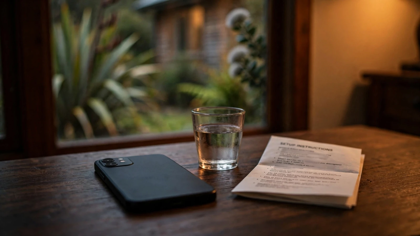 Face-down smartphone beside printed game instructions on a wooden table