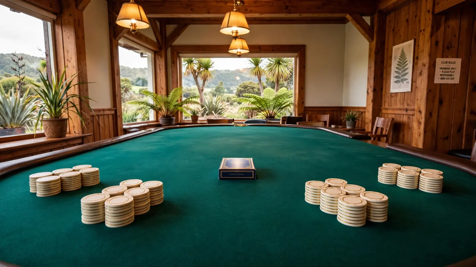 Empty green casino table with chip stacks and a closed card deck
