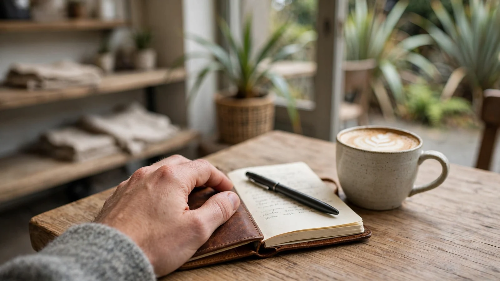 Hand on a leather notebook beside coffee in a quiet café setting