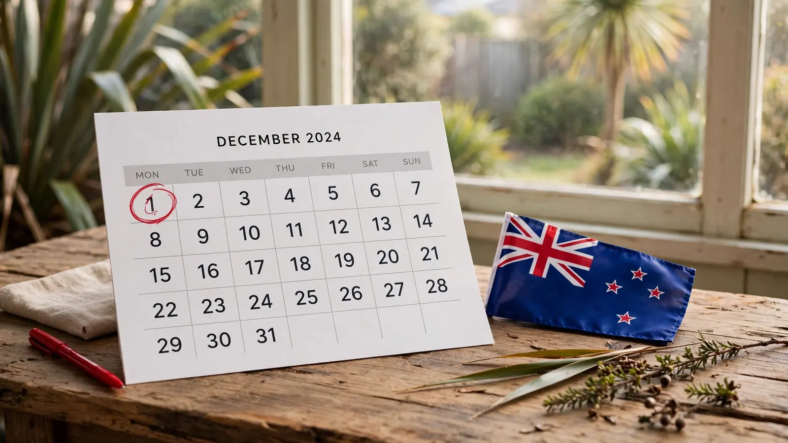 Calendar date marked December 1 beside a small New Zealand flag